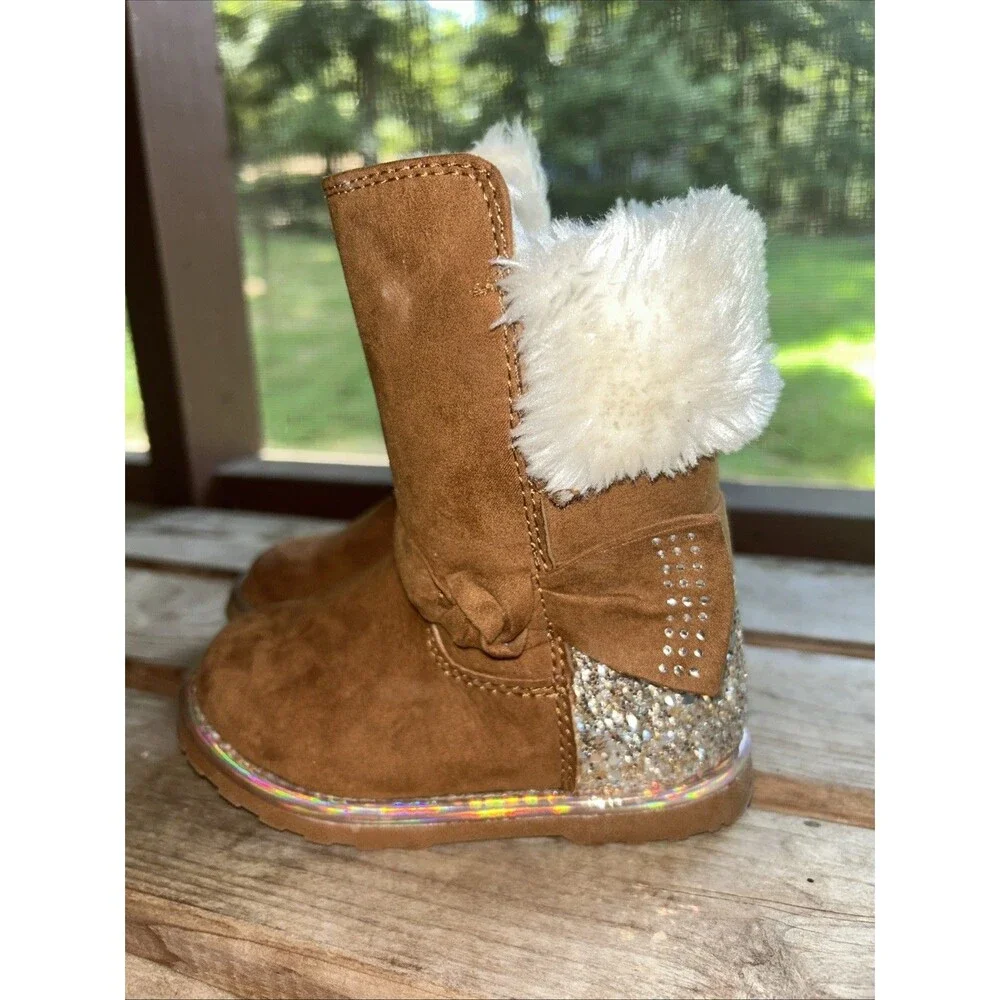 Megellan Toddler Brown Faux Suede and Fur Boots Sparkle Size 8